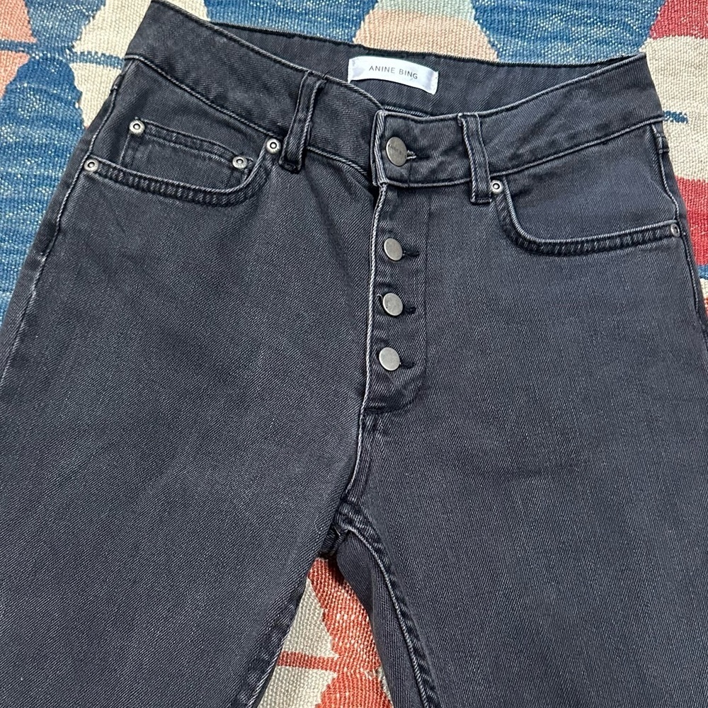 Anine Bing Frida High Rise Slim Jeans Charcoal Exposed Buttons - like new - Picture 12 of 12